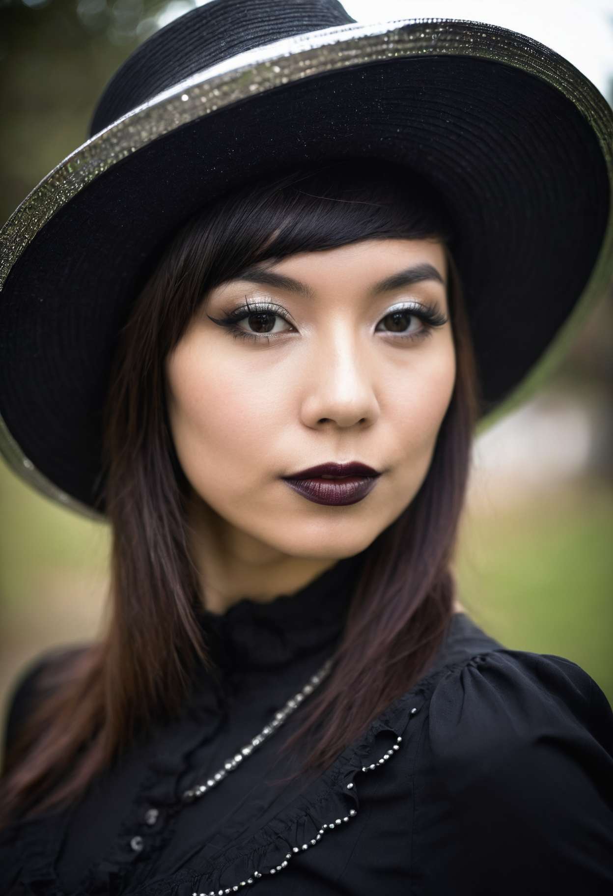 00125-A woman wearing a hat poses for a picture, in the style of oshare kei, black, wide lens, shiny_ glossy, solapunk, dark silver, r.png